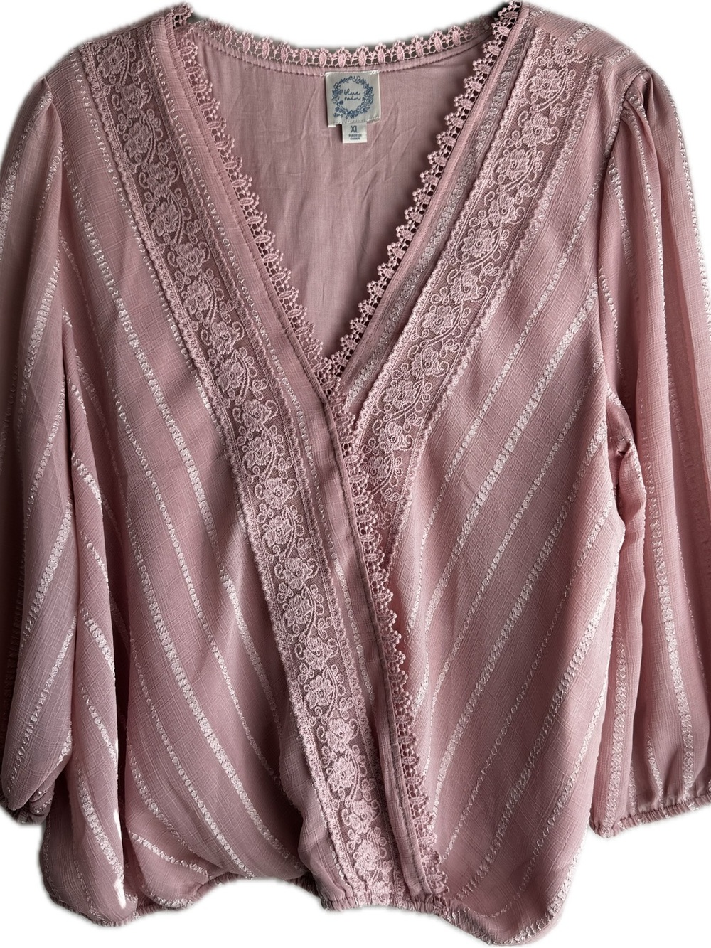 Blue Rain Dusty Rose Crochet Trim V-Neck Top
